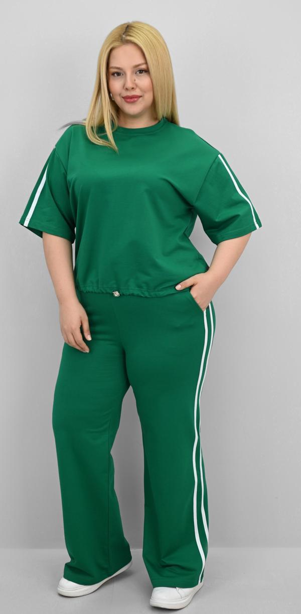 Kadın Büyük Beden Şerit ve Bel Büzgü Detaylı Kısa Kollu Eşofman Takımı 8197-25 - Image 1