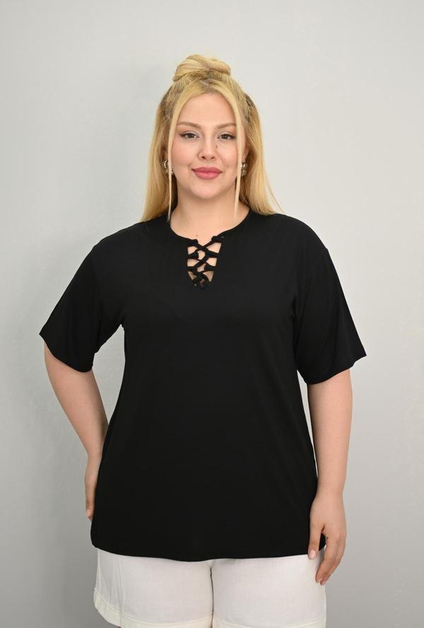 Kadın Büyük Beden Kısa Kollu Yakası Biye Detaylı Bluz 1970-25 - Image 1