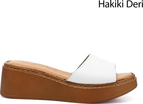 Kadın Beyaz Dolgu Taban Hakiki Deri Terlik - Image 1