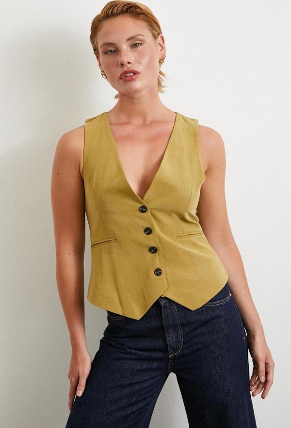 Cep Kapaklı Keten Yelek Olive - Image 1