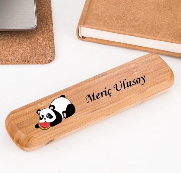 Kişiye Özel Panda Tasarım Kutulu İsim Yazılı Bambu  Kalem Seti - Image 1