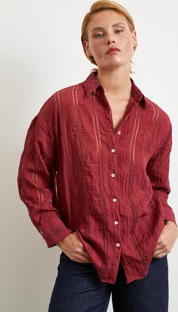 Organze Çizgili Gömlek Bordo - Image 1