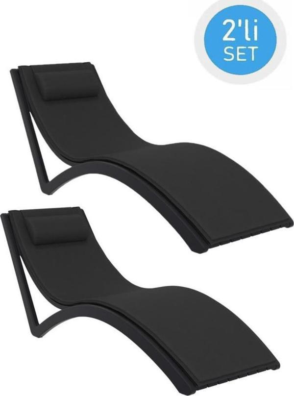Omnipazar TRK-087 Siesta Minderli Yastıklı Lüks Ergonomik Slim Şezlong Siyah 2'li Set  - Image 1