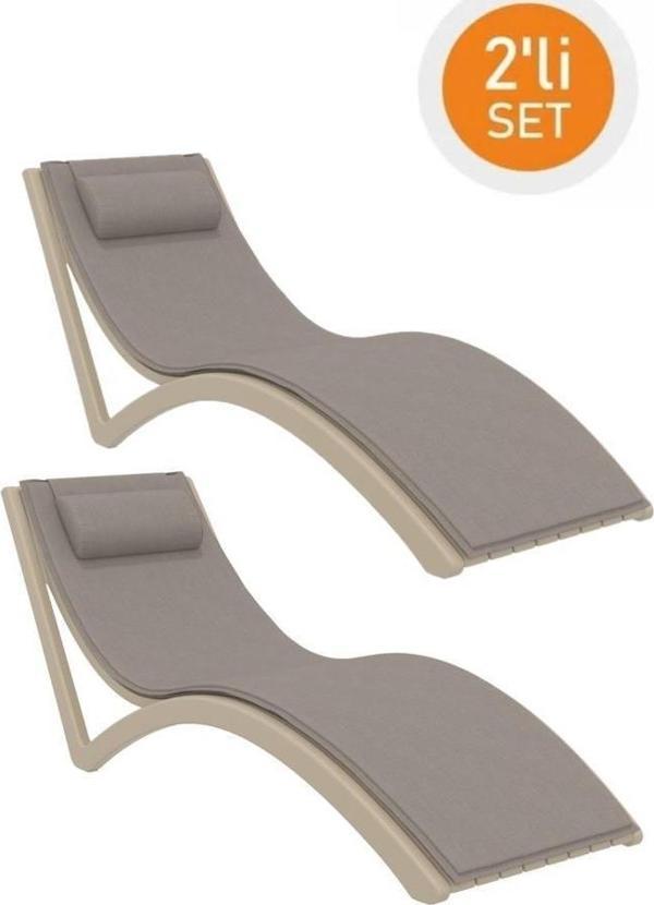 Omnipazar TRK-087 Siesta Minderli Yastıklı Lüks Ergonomik Slim Şezlong Kum Gri 2'li Set  - Image 1