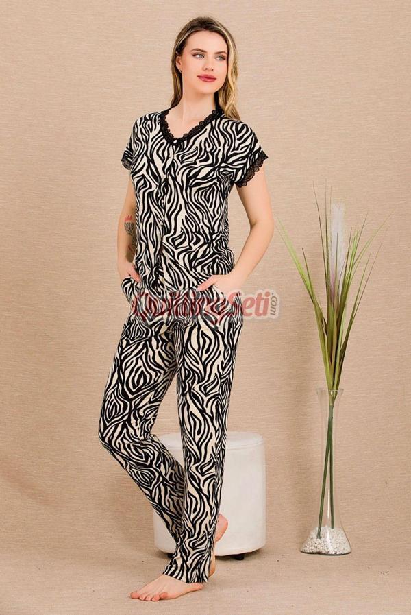 Quilling Siyah Renk Ve Zebra Desenli Lady 12497 Pamuk Viskon Kadın Kısa Kol Pijama Takımı - Image 1