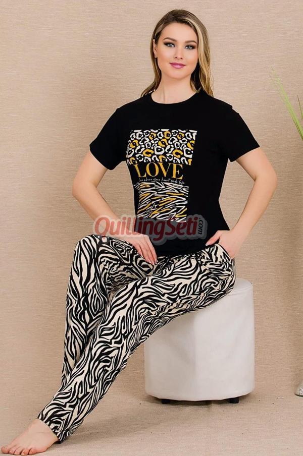 Quilling Siyah Renkli Ve Zebra Desenli Lady 12490 Pamuklu Kadınların Tercihi Kısa Kol Pijama Takımı - Image 1