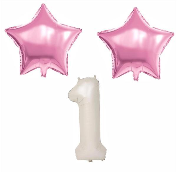 1 YAŞ BEJ RENK FOLYO BALON, 2 ADET PEMBE YILDIZ FOLYO BALON - Image 1