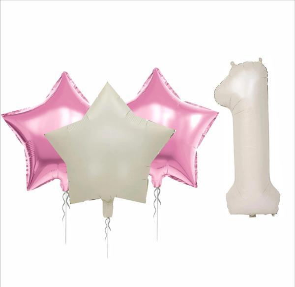 1 YAŞ BEJ RENK FOLYO BALON, 2 ADET PEMBE, 1 ADET BEJ YILDIZ FOLYO BALON - Image 1
