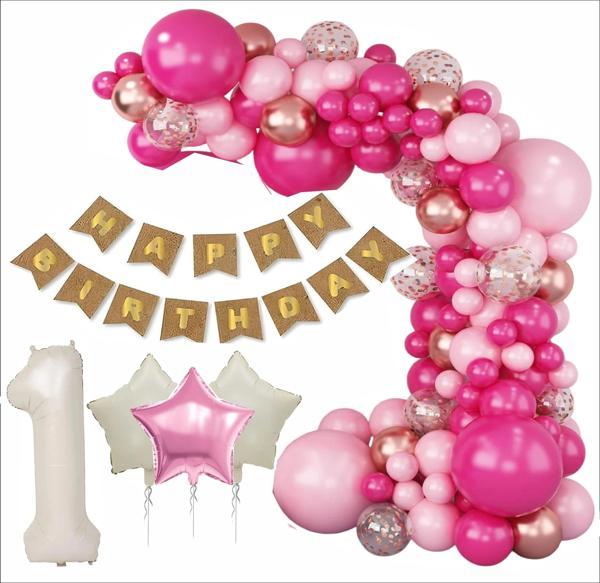 1 YAŞ KRAFT GOLD BANNER, 30 ADET PEMBE, GOLD, METALİK PEMBE,ŞEFFAF BALON 1 PEMBE 2 BEJ YILDIZLI DOĞUM GÜNÜ SETİ - Image 1