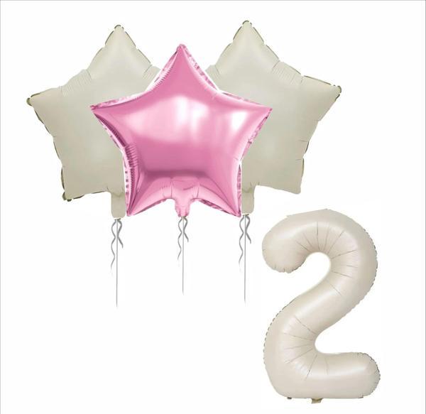 2 YAŞ BEJ RENK FOLYO BALON, 1 ADET PEMBE, 2 ADET BEJ YILDIZ FOLYO BALON - Image 1
