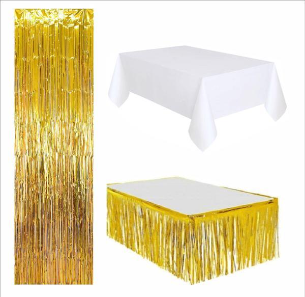 3 PARÇA BEYAZ MASA ÖRTÜSÜ, GOLD MASA ETEĞİ, GOLD ARKA FON - Image 1