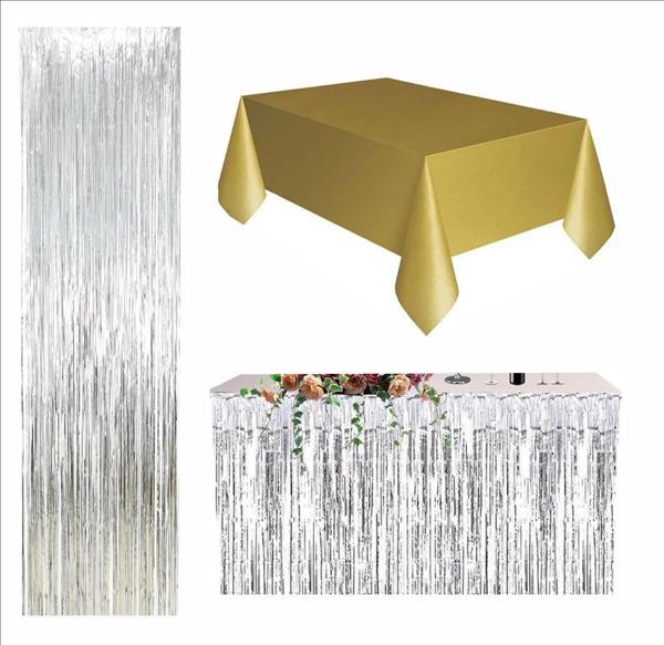 3 PARÇA GOLD MASA ÖRTÜSÜ, GÜMÜŞ MASA ETEĞİ, GÜMÜŞ ARKA FON - Image 1