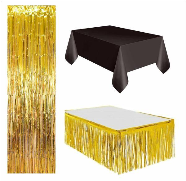 3 PARÇA SİYAH MASA ÖRTÜSÜ, GOLD MASA ETEĞİ, GOLD ARKA FON - Image 1