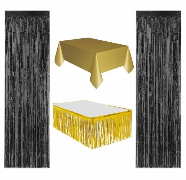 4 PARÇA GOLD MASA ÖRTÜSÜ,GOLD MASA ETEĞİ, 2 ADET SİYAH ARKA FON - Image 1