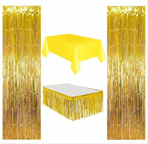 4 PARÇA SARI MASA ÖRTÜSÜ, GOLD MASA ETEĞİ, 2 ADET GOLD ARKA FON - Image 1