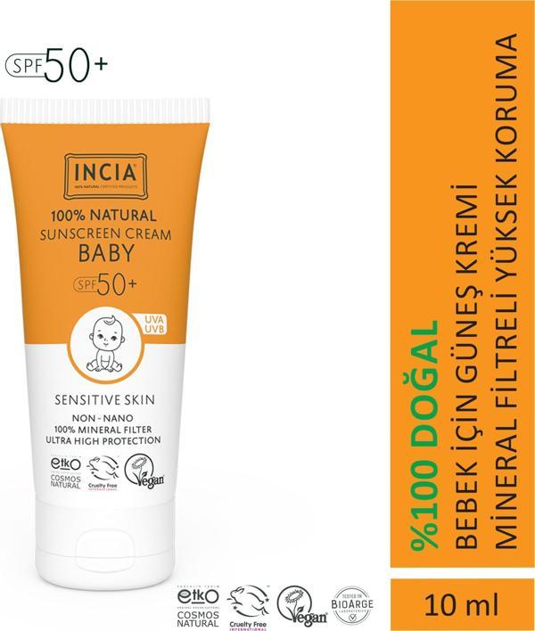 INCIA %100 Doğal Bebek Güneş Kremi Leke Karşıtı Mineral Filtreli Yüksek Koruma SPF 50+ UVA UVB 10 ml - Image 1