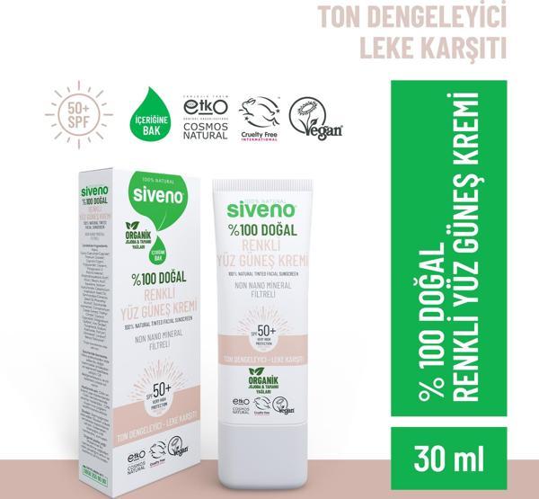 Siveno %100 Doğal Yüz Güneş Kremi Renkli Ton Eşitleyici Leke Karşıtı UVA UVB SPF 50+ 30 ml - Image 1