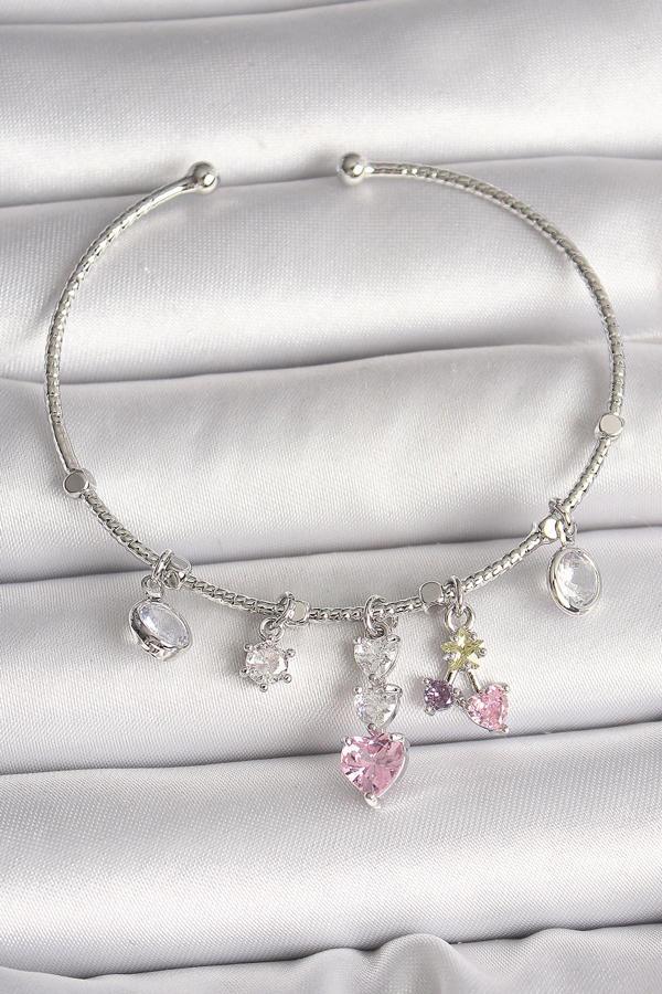 Zarif Kadın için Silver Pirinç Sallantı Zirkonlu Kalp Figür Charm Bileklik - Image 1