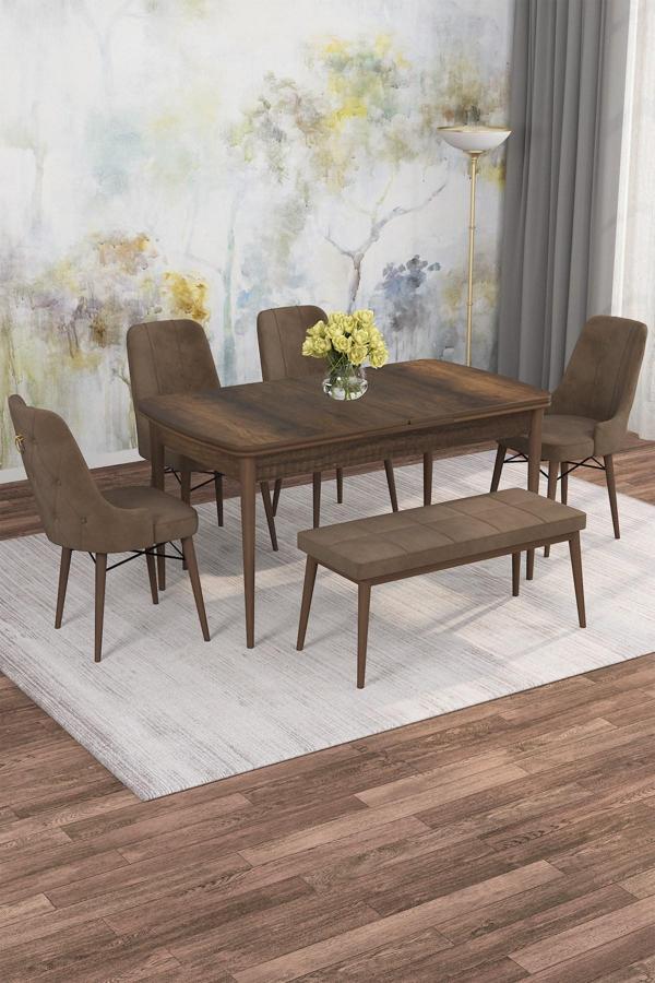 Arven Serisi 80x132 Açılabilir MDF Barok Ahşap Desen Mutfak Masa Takımı 4 Sandalye 1 Bench - Image 1