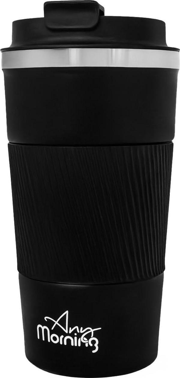 Any Morning 500 ml Paslanmaz Çelik Termos Mug, Kaymaz Silikon Halkalı, Sızdırmaz, Siyah BA21549 - Image 1