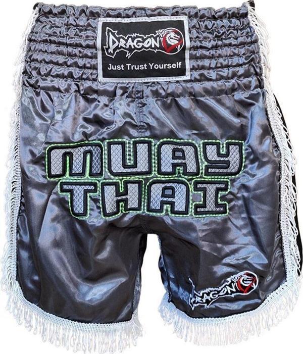 DragonDo MT3020 Apache Muaythai Şort Antrasit Püsküllü Şort Nakışlı Muay Thai Şortu - Image 1