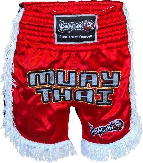 DragonDo MT3020 Apache Muaythai Şortu Kırmızı Püsküllü Şort Nakışlı Muay Thai Şortu - Image 1