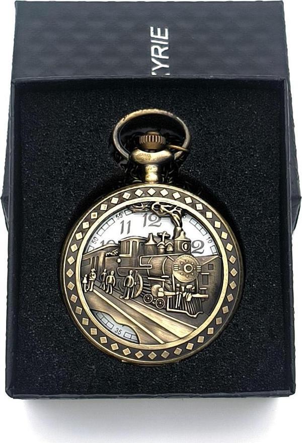 Valkyrie Retro Tasarımlı Quartz Tren Kabartmalı Zincirli Köstekli Cep Saati - Image 1