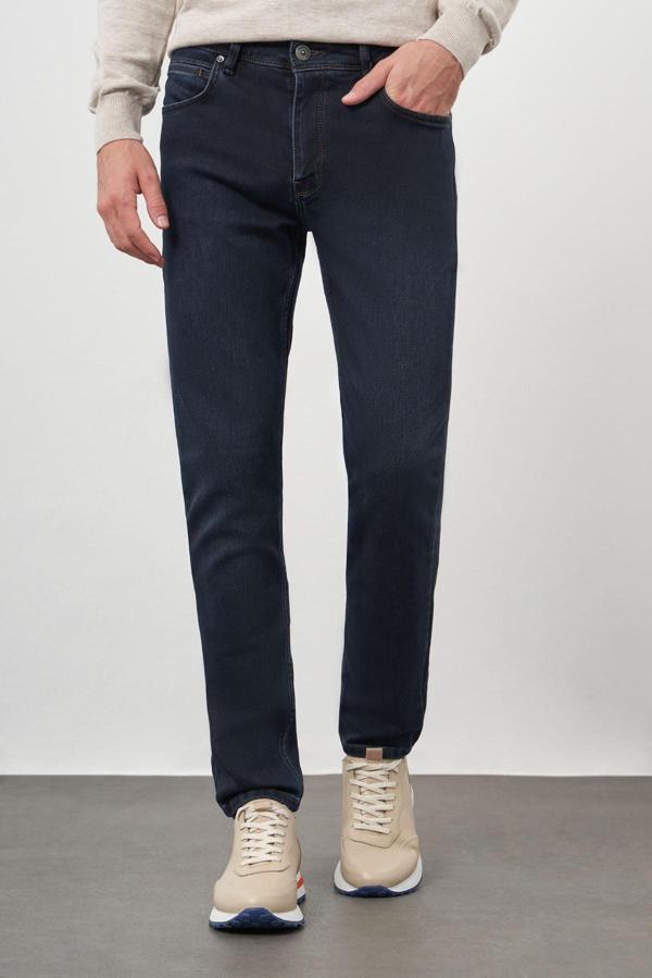  Erkek Lacivert Denim 5 Cep Slim Fit Jean Kot Pantolon - Image 1