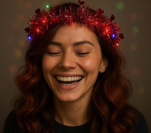 Kalp Püsküllü Gece Parıltısı 3 Modlu LED Işıklı Taç Kırmızı Renk - Image 1