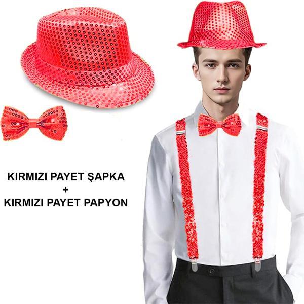 Kırmızı Payetli Şapka ve Papyon Seti – Parıltılı Yetişkin Kostüm Seti - Image 1