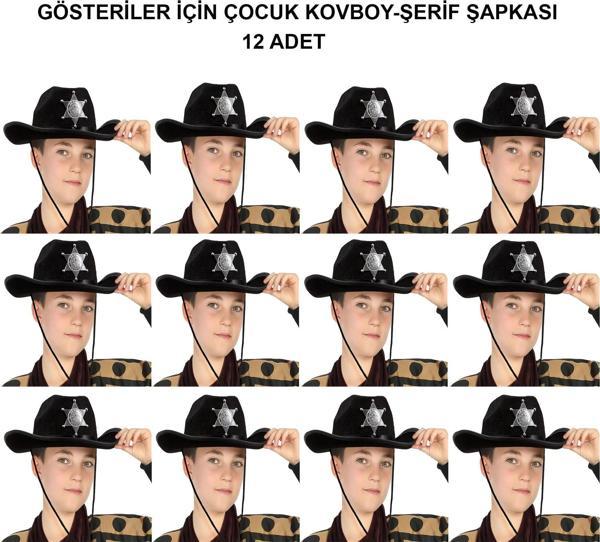Kovboy Şerif Şapkası Siyah 12 Adet - Kostüm, Parti ve Gösteri Şapkası - Image 1