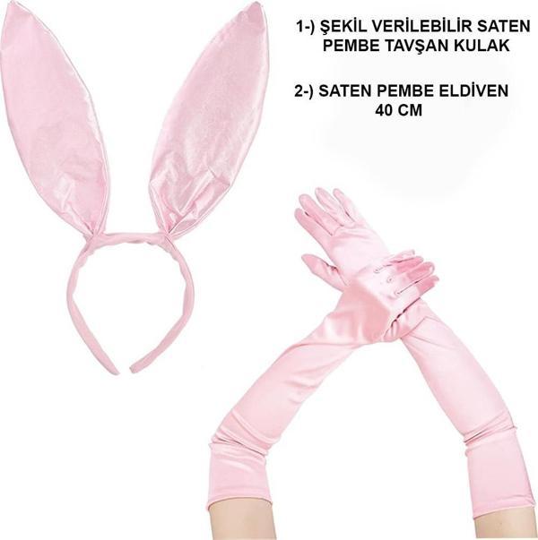 Saten Kaplama Soft Pembe Eldiven 40 cm ve Tavşan Kulak 2 li Set - Image 1