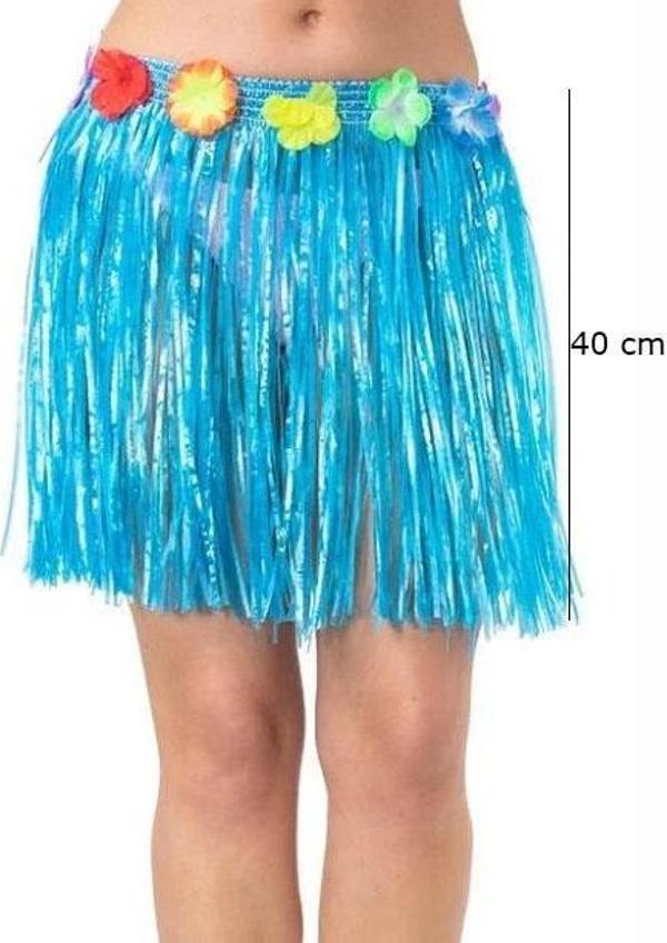 Yetişkin ve Çocuk Uyumlu Mavi Renk Püsküllü Hawaii Luau Hula Etek 40 cm - Image 1