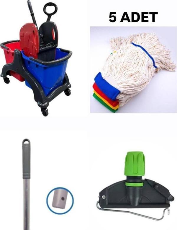 Elcy Çift Kovalı Plastik Temizlik Arabası Paspas Arabası Islak Mop Seti 5 Adet Islak Mop - Image 1