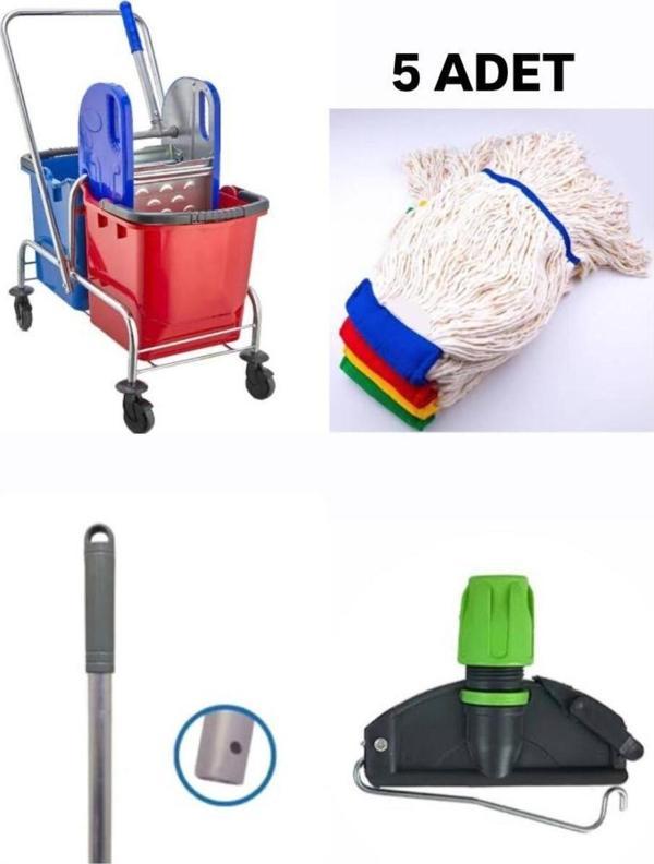 Elcy Çift Kovalı Krom Temizlik Arabası Paspas Arabası Sap Mop Aparat (Çelik Pressli) - Image 1