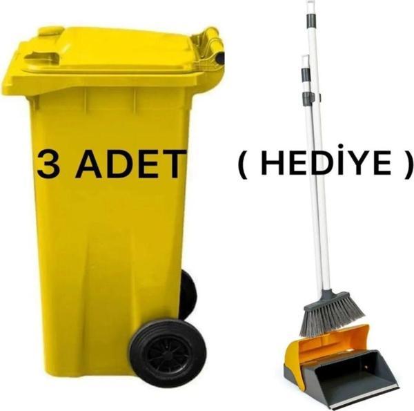 Elcy 3 Adet Sarı Plastik Çöp Konteyneri 120 Lt Isıya Karşı Dayanıklı Faraş Hediyeli - Image 1
