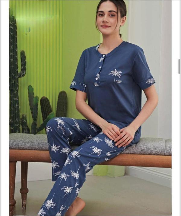 Miss Klein Kadın Büyük Beden Düğme Yaka Pamuklu Likralı Kısa Kol Pijama Takımı 1135 - 1 Adet - Image 1