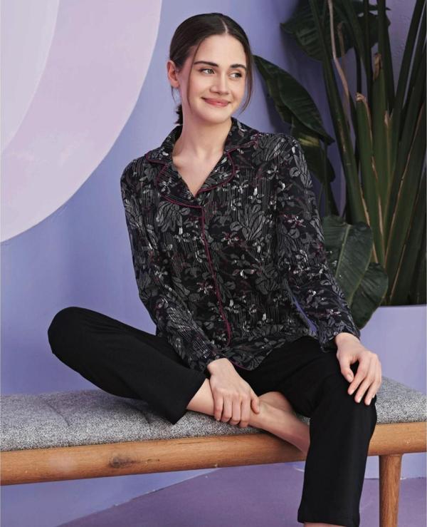 Miss Klein Kadın Büyük Beden Gömlek Yaka Pamuklu Likralı Uzun Kol Pijama Takımı 1140 - 1 Adet - Image 1