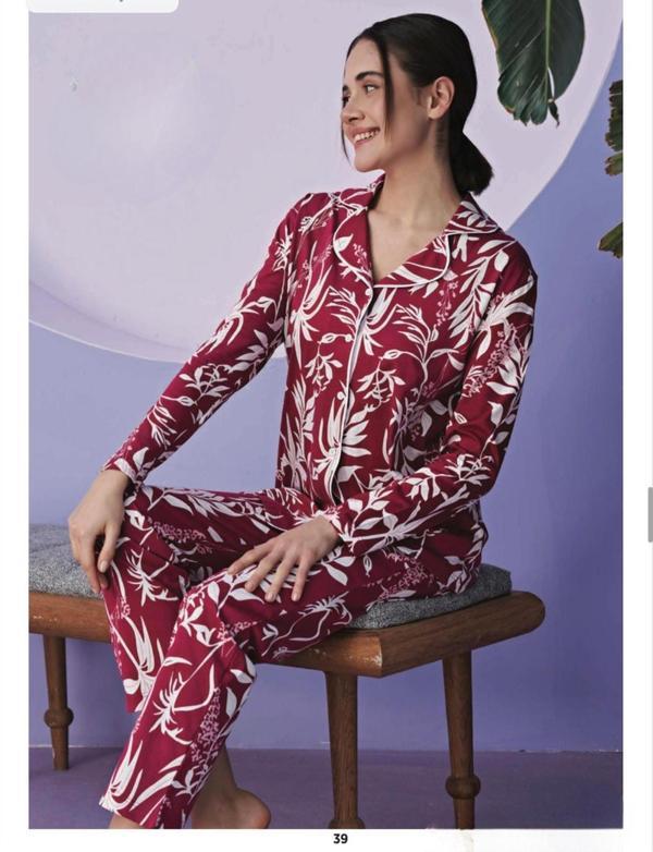 Miss Klein Kadın Büyük Beden Gömlek Yaka Pamuklu Likralı Uzun Kol Pijama Takımı 1129 - 1 Adet - Image 1