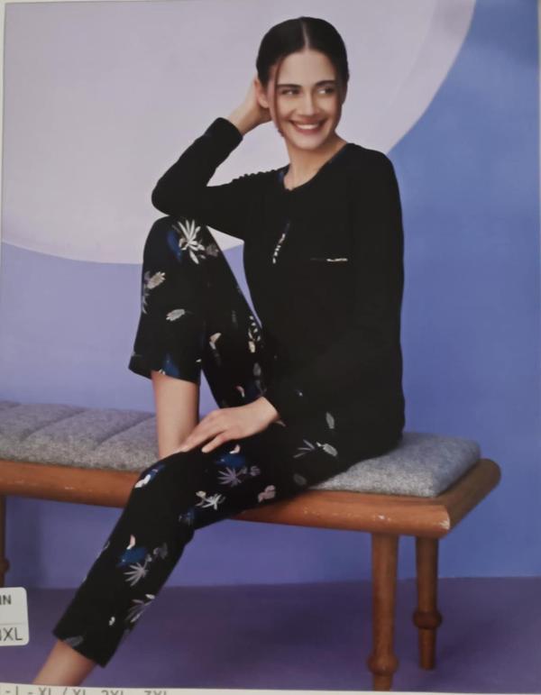 Miss Klein Kadın Büyük Beden Düğme Yaka Pamuklu Likralı Uzun Kol Pijama Takımı 1139 - 1 Adet - Image 1