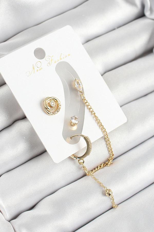 Pirinç Halka Figürlü Zirkon Taşlı Gold Renk 3'lü Kıkırdak Kadın Küpe Set - EBJ250530W34497 - Image 1