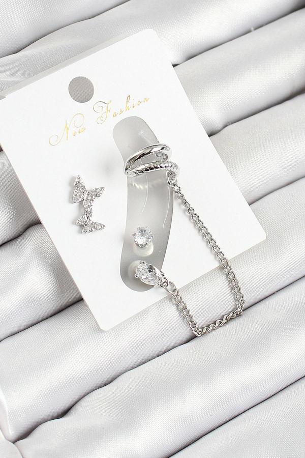 Pirinç Kelebek Figürlü Zirkon Taşlı Gümüş Renk 3'lü Kıkırdak Kadın Küpe Set - EBJ250530W34482 - Image 1