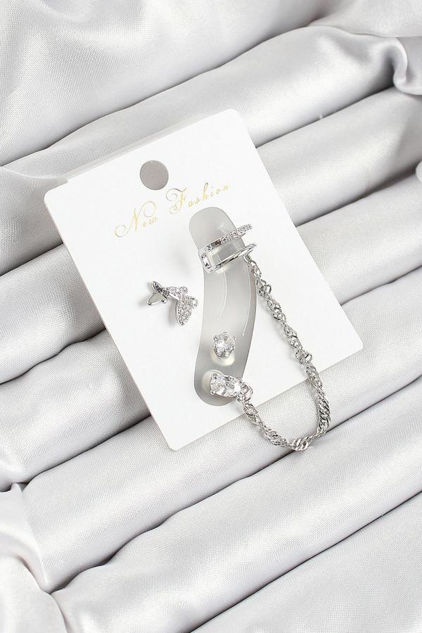 Pirinç Kelebek Figürlü Zirkon Taşlı Gümüş Renk 3'lü Kıkırdak Kadın Küpe Set - EBJ250530W34485 - Image 1