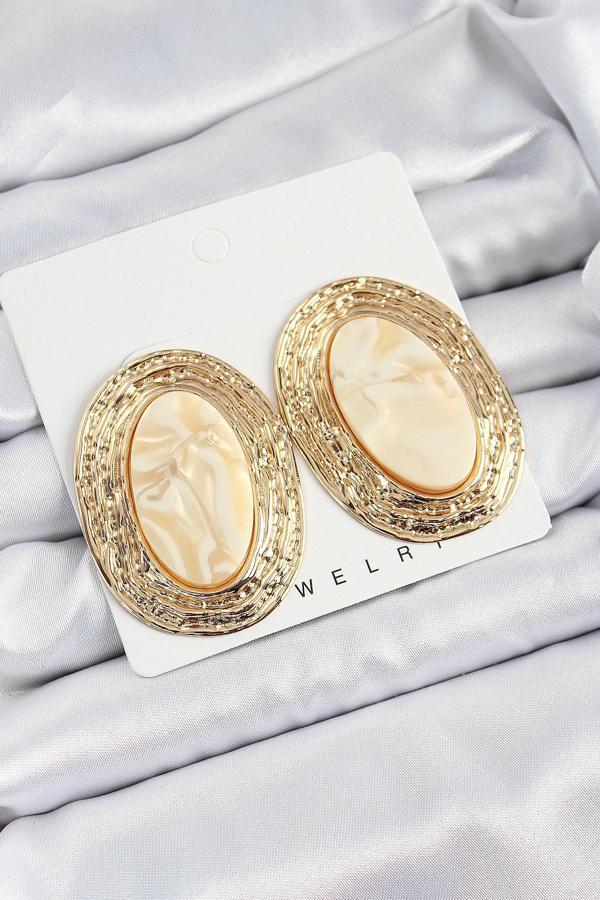 Pirinç Mermer Desenlli Bej Sedef Oval Vintage Model Gold Renk Kadın Küpe - EBJ250620W35803 - Image 1