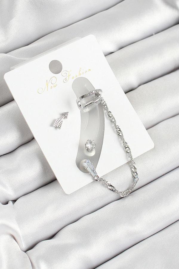 Pirinç Ok Figürlü Zirkon Taşlı Gümüş Renk 3'lü Kıkırdak Kadın Küpe Set - EBJ250530W34489 - Image 1