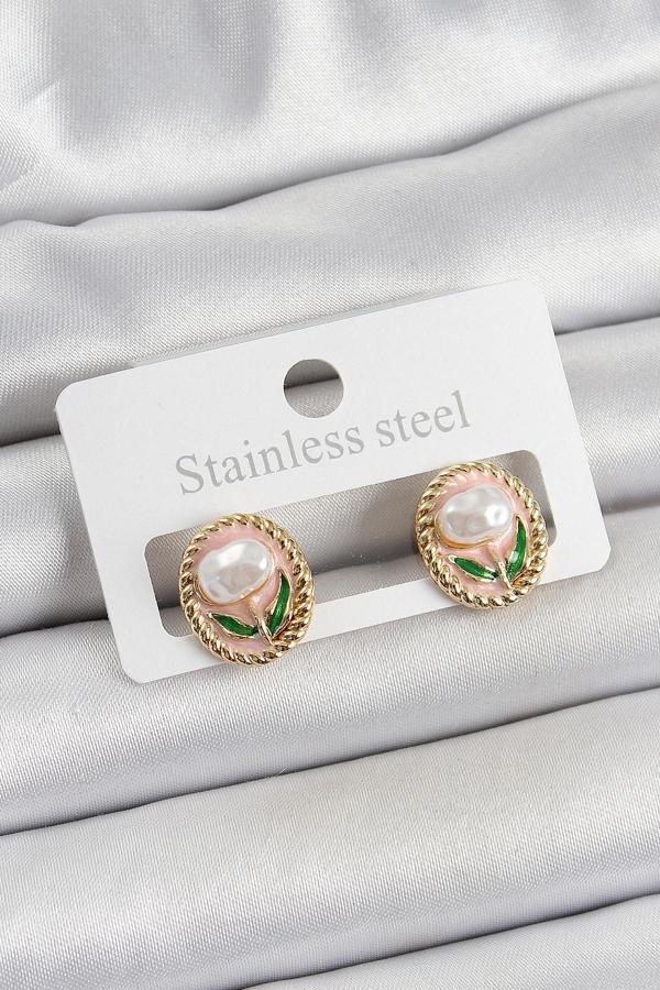 Pirinç Pembe Mineli Lale Figürlü Sanatsal Portre Model Gold Renk Kadın Küpe - EBJ250605W34583 - Image 1