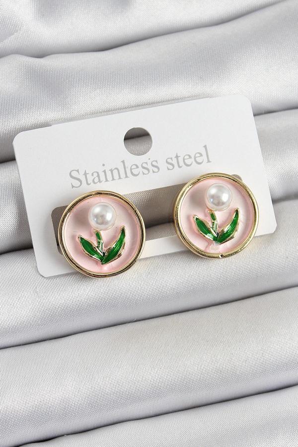 Pirinç Pembe Mineli Lale Figürlü Sanatsal Portre Model Gold Renk Kadın Küpe - EBJ250605W34585 - Image 1