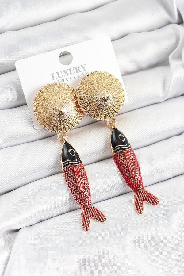 Pirinç Sallantılı Zirkon Taşlı Kırmızı Siyah Balık Model Gold Renk Kadın Küpe - EBJ250620W35736 - Image 1