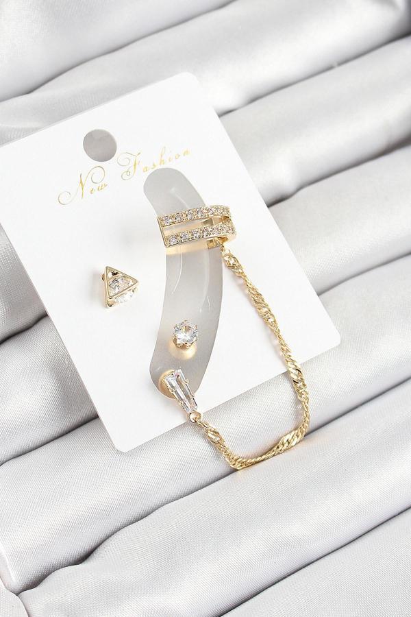 Pirinç Üçgen Figürlü Zirkon Taşlı Gold Renk 3'lü Kıkırdak Kadın Küpe Set - EBJ250530W34494 - Image 1