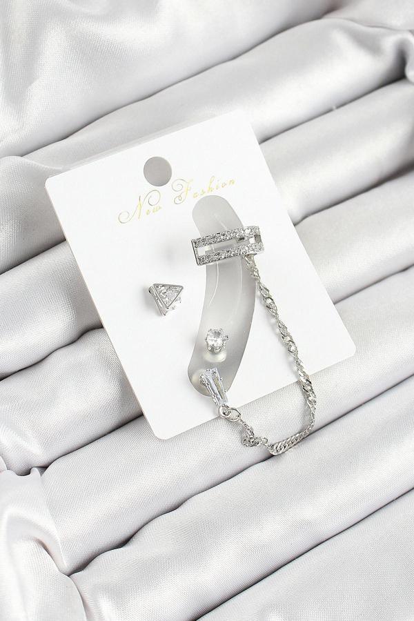Pirinç Üçgen Figürlü Zirkon Taşlı Gümüş Renk 3'lü Kıkırdak Kadın Küpe Set - EBJ250530W34484 - Image 1